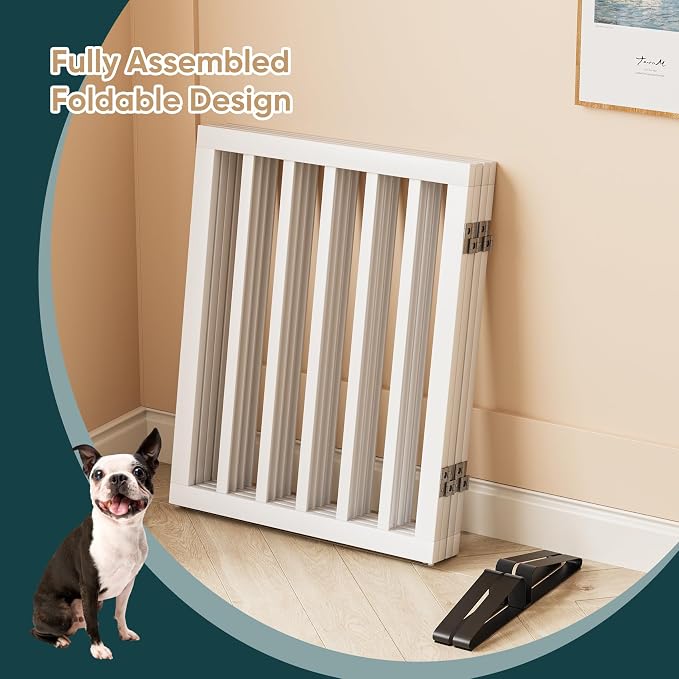 Semiocthome Bamboo Dog Gate with 2 Stands, Freestanding Puppy Gate for Doorways & Stairs - 24" Height, 4 Panels, Adjustable White Safety Fence
