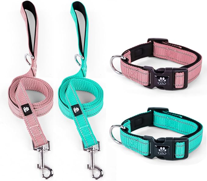 IVY&LANE 2 Pack Reflective Dog Collars and Leashs Set,Adjustable Neoprene Padded Dog Collar for Puppy, Breathable Nylon Pet Collar for Small Medium Large Dogs(Medium,Pink+Teal)