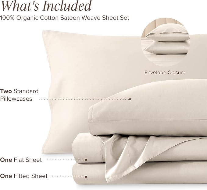 Bare Home 100% Organic Cotton Queen Sheet Set - 400 Thread Count - Smooth Sateen Weave - Breathable & Cooling - Hotel Luxury Set - Deep Pocket Bed Sheets (Queen, French Beige)