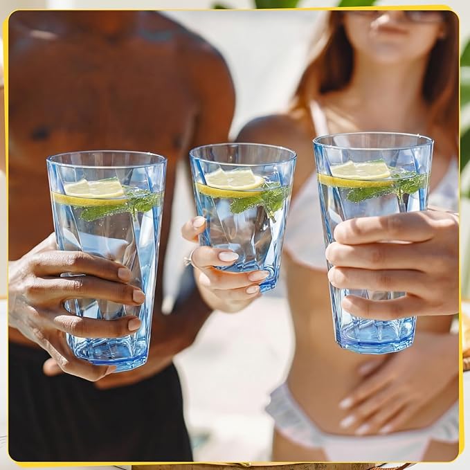 LemonRoad 24 Pack Reusable Plastic Drinking Glasses Set - 20oz & 13.5oz Stackable Tumbler, Shatter-resistant Highball Cups for Water, Cocktail, Iced Coffee, Indoor Outdoor Use, BBQ, Patio, Pool (Blue)