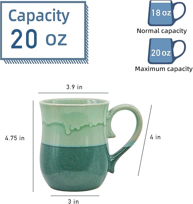 Large Ceramic Coffee mugs, 20 oz Big Tea Cups Handmade Pottery Mug, Large Handle Coffee Mug for Office and Home, Microwave and Diahwasher Safe. (Light&Deep Green)