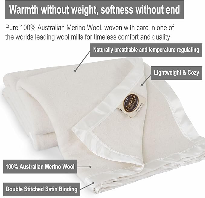 Creswick Woollen Mills 100% Australian Merino Wool Blanket – Soft Warm and Natural with Satin Binding, Breathable Luxury Bedding for All Seasons, (Natural, King Size)