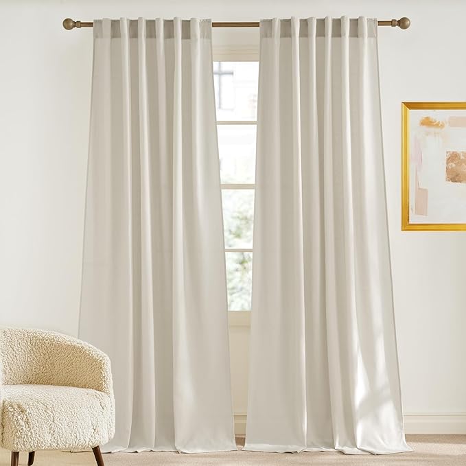 NICETOWN Linen Blend Bone White Curtains 84 inches Long, Rod Pocket & Back Tab Light Filtering Semi Sheer Window Treatments Privacy Added Drapes for Bedroom, W55 x L84, 2 Panels