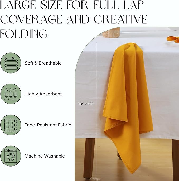 Cloth Napkins Set of 12, 100% Cotton Fabric Reusable Dinner Napkins, 18 x 18 Inch Washable Table & Kitchen Napkins for Everyday Dining, Entertaining, Home & Restaurant Use, Golden Yellow