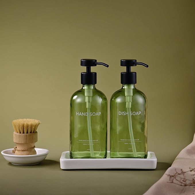 Glass Kitchen Soap Dispenser Set with Ceramic Tray,16.9 floz Hand and Dish Soap Dispenser for Kitchen and Bathroom Decor (Green Bottles + Black Pumps)