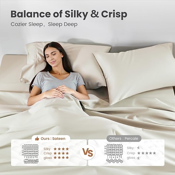 Sophia & William 1000 Thread Count Egyptian Cotton Sheets King Size, 100 Percent Cotton Sheets Sateen Weave, 16" Deep Pockets, All-Season 4 Piece Silky Sheet - Ivory