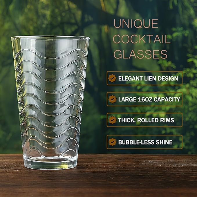 ALINK 16 oz Vintage Drinking Glasses, Set of 6 Wave Line Highball Glass Cups Bar Glasses, Clear Heavy Base Stemmed Water Glasses for Beer, Iced Coffee, Cocktail, Wine, Iced Tea, Dishwasher Safe