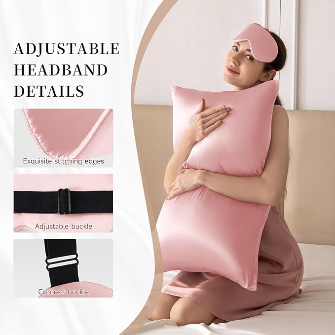 THXSILK Sleep Mask 100% 19 Momme Pure Mulberry Silk Super Smooth Cooling Sleep Eye Mask Blackout for Women/Man/Kids Eye Cover with Wide Head Strap Good Night Sleep Comfortable Travel Nap Charming Pink