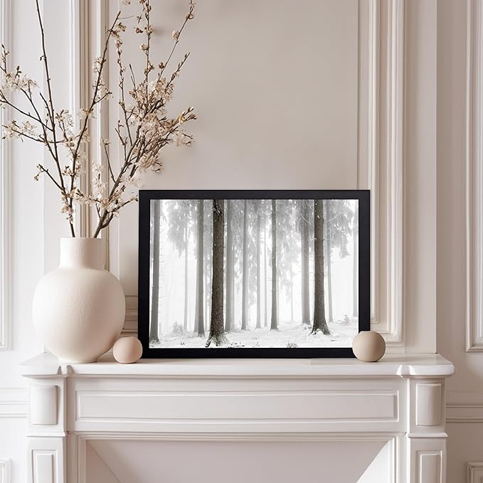 Monem Art Foggy Winter Forest Photography Print - Minimalist Snowy Landscape Poster - Wall Decor for Living Room, Bedroom or Office - 12x16 Black Framed Wall Art by Mareike Bohmer
