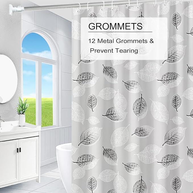 TIKABC Shower Curtain Liner, 4G PEVA Shower Liner, Plastic Waterproof Shower Curtains, with Grommet Holes and 3 Magnetic Weights(Black White Leaves)
