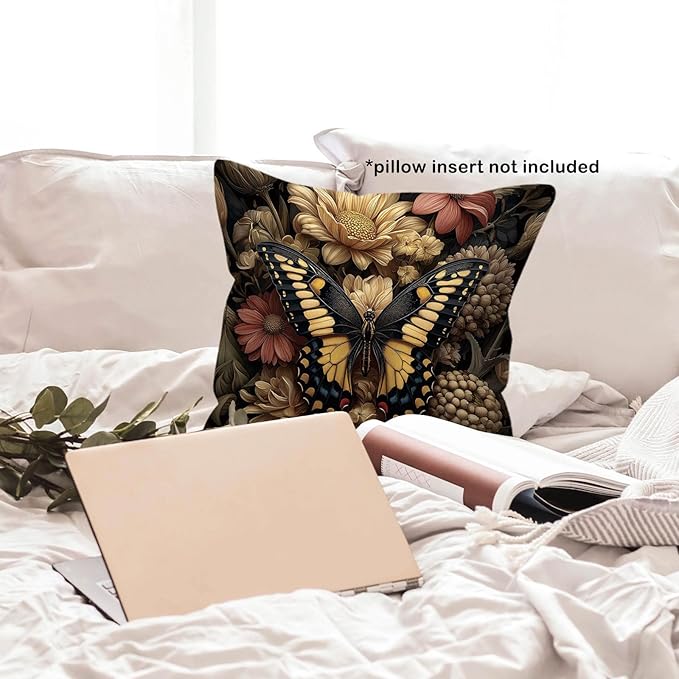 Moody Butterfly Floral Throw Pillow Cover Gifts 18x18, Vintage Dark Cottagecore Academia Decor Pillow Cases for Bedroom Living Room, Cottage Core Decorative Pillowcases for Couch Bed Sofa