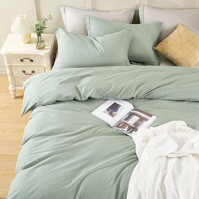 EMME 100% Washed Cotton Duvet Cover Twin Size Sage Green, 2-Piece Soft Comforter Cover Linen Like Bedding Set, No Comforter, 68x90 Inches (Sage Green, Twin)