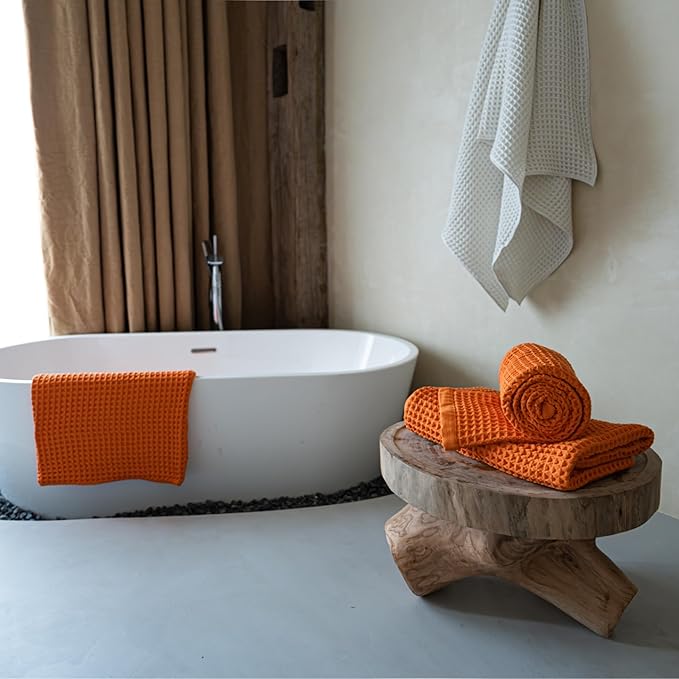 Luxury Organic Japanese Cotton Waffle Bath Towel | Thick, Absorbent, Quick Dry Bathroom Towels for Shower, Sauna, Onsen| Hotel & Spa Quality, Gift-Ready (Coral Orange, Hand Towel (3 Pack))