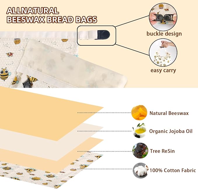 Sourdough Bread Bags, Reusable Beeswax Bread Bags for Homemade Bread, 17"×13" Natural Beeswax Cotton Loaf Bag, Easy to Clean Bakery Essentials (2 Pack)