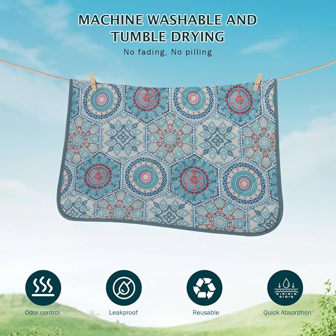 IEUUMLER Washable Pee Pads for Dogs, 1 Pack Non-Slip & Waterproof Pack Whelping Pad, Reusable Washable Puppy Potty Training Pad with Fast Absorbent for Playpen EU007 (Green Medallion, 63"X63"-1pcs)