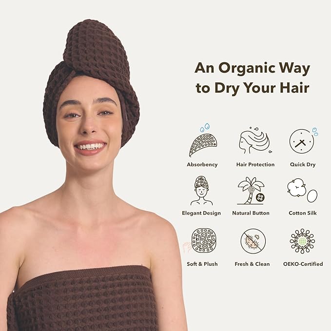 Luxury Organic Japanese Cotton Hair Drying Waffle Towel Wrap for Women | Absorbent, Quick-Dry Head Turban for Shower, Sauna, Spa | Extra Large for Long, Curly, Straight Hair With Button (Brown, 2 Pc)