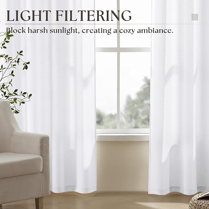Linen White Grommet Curtains 84 Inches Long 2 Panels for Living Room Privacy Light Filtering Semi Sheer White Boho Farmhouse Curtain Drapes Slub Textured Modern Elegant Coastal Room Decor Snow White