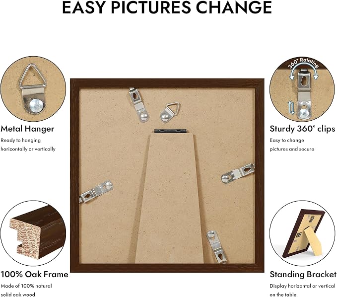 Hongkee 8x8 Oak Wood Picture Frame 1 Pack(Matted 6x6) with Real Glass Cover | Walnut, 8 x 8 Solid Wood Frame for Wall or Tabletop Display - Includes Easel Back, Vertical Hang - Ideal for Home, Office