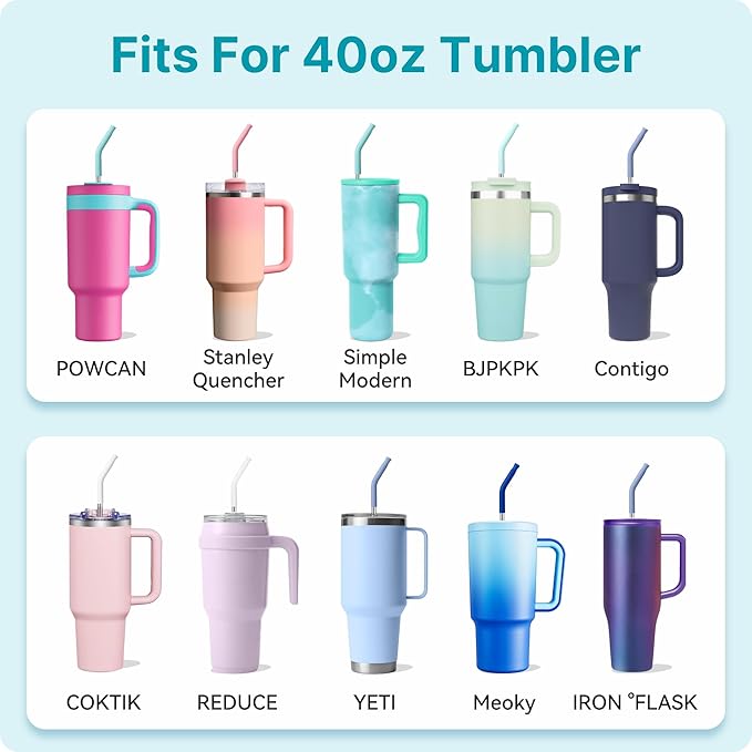 40 oz Straight Metal Straws for 40 oz Stanley Tumbler | 6 Pcs Stainless Steel Reusable Drinking Metal Straw with Colourful Silicone Tips,Straw for Glass Cups, BPA FREE