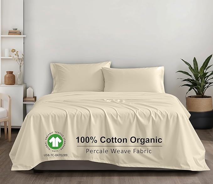 RUVANTI 100% Cotton Organic Percale Sheets Queen Size – Crisp Cooling Bed Sheets for Hot Sleepers, Deep Pocket 15”, Soft Peach Finish, Breathable & Durable Hotel-Style 4 Pcs, Cloud Cream