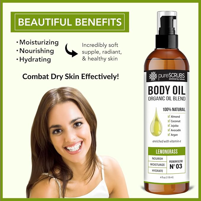 pureSCRUBS Ultra Moisturizing Lemongrass Body Oil for Dry Skin, 4 oz | Luxurious After Shower Body Oil for Soft, Silky, Glowing Skin, Non-Greasy, Fast Absorbing & Hydrating Formula with Vitamin E
