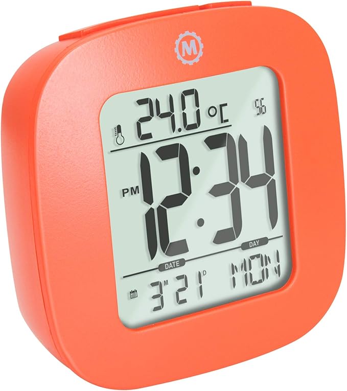 MARATHON Compact Alarm Clock with Temperature & Date, Orange - Large, Easy to Read Display with Backlight - Easy to Set Up & Use