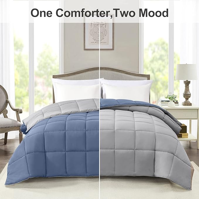 Homelike Moment Comforters Queen Size - Blue Duvet Insert Down Alternative Bed Queen Comforter, Lightweight Bedding Comforters Full Size Quilted Soft All Season Reversible Blue/Grey