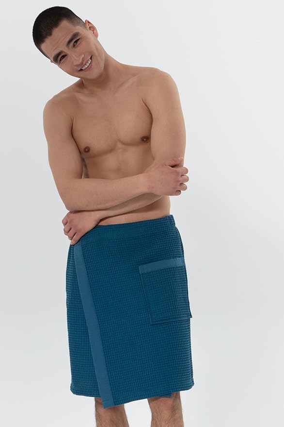 SEYANTE Men's Organic Waffle Spa Wrap – GOTS Certified 100% Turkish Cotton, Adjustable Closure, Same-Color Piping
