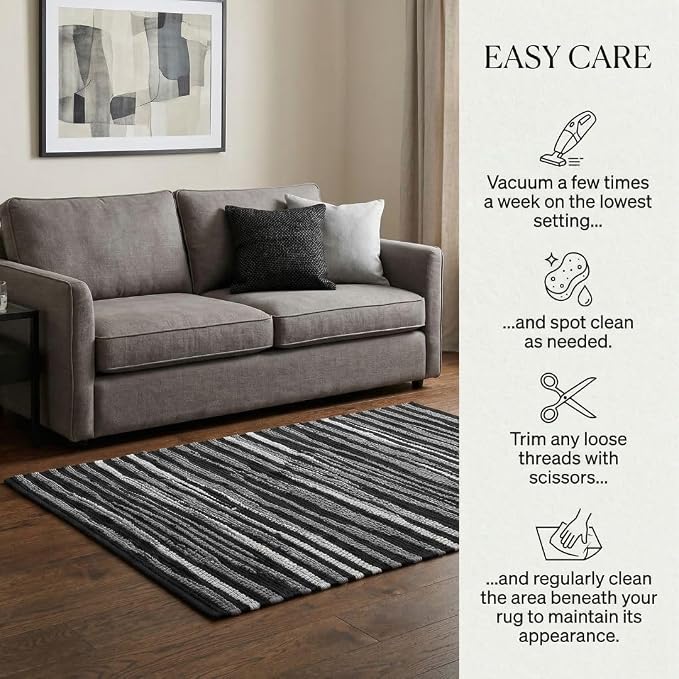 WeWove Hand Woven Chindi Rug Cotton - Boho Rustic Farmhouse Area Accent Throw Rug - Area Floor Carpet for Bedroom Living Room Kitchen Dorm Entryway Hallway - 20x32 inch Area Rug Black Multi