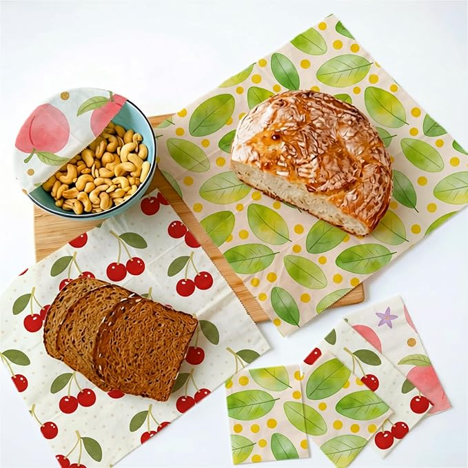 Reusable Beeswax Wraps, 9 Pack Eco-Friendly Food Storage, Organic, Sustainable, Zero Waste, Plastic-Free, For Sandwiches, Bread & Bowls, 1XL, 3M, 5S, Peach Cherry Leaves Patterns