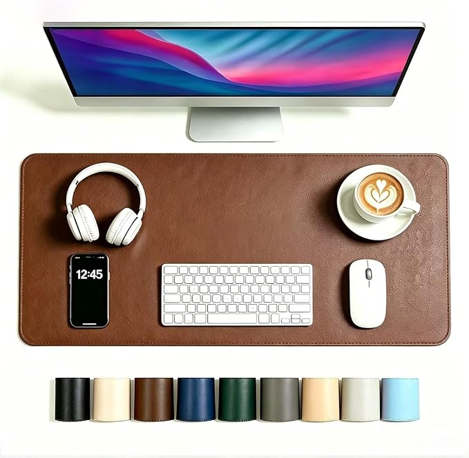 Desk Pad Blotter,YJHMYGSN 27.5x49 in Large PU Leather Mouse Mat,Waterproof Non-Slip Writing Desktop Protector Surface,Office Table Accessory,Brown