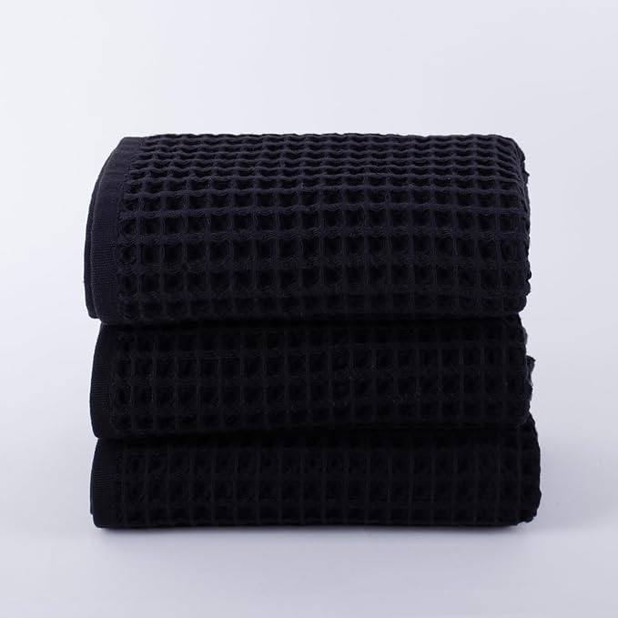 PÜSKÜL - Set of 3 Organic Waffle Hand Towel Black - Premium Quality, 100% Turkish Cotton, Soft, Quick-Dry, Absorbent, Lint-Free Face Kitchen Hand Towels (Black, Hand Towels - Pack of 3)