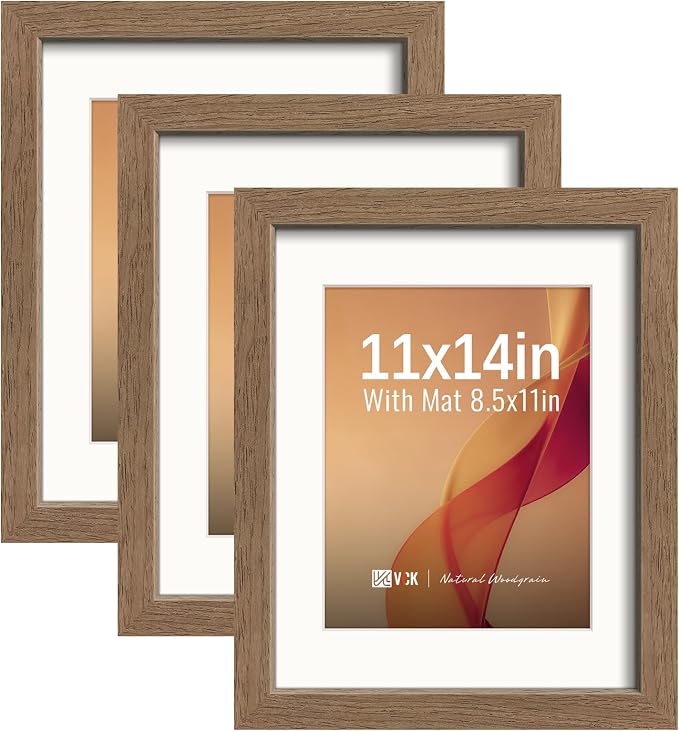 VCK 11x14 Picture Frames Walnut 3 Pack, Wide Border Wood, Tempered Glass, Display 8.5x11 Poster Photo with Mat or 11 x 14 Without, for Home, Office, Gallery, Woodgrain Series, Wall Hanging