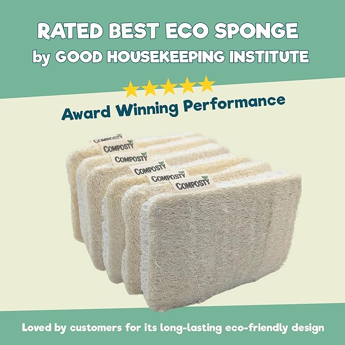 Composty® Loofah Eco Scourer Sponges, 6 Pack | Compostable Sponge/Natural Sponges for Dishes & Washing Up | 100% Natural & Plastic-Free | Long-Lasting | One Tree Planted for Each Pack Sold