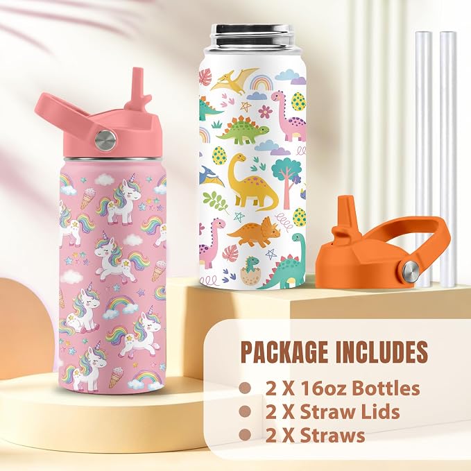 16 oz Water Bottle with Straw Lid, 2 Pack Set, Dinosaur Unicorn Gifts for Boys Girls, Stainless Steel Insulated Water Bottles for School Travel Outdoor Sports, Cute Cups Birthday Gifts
