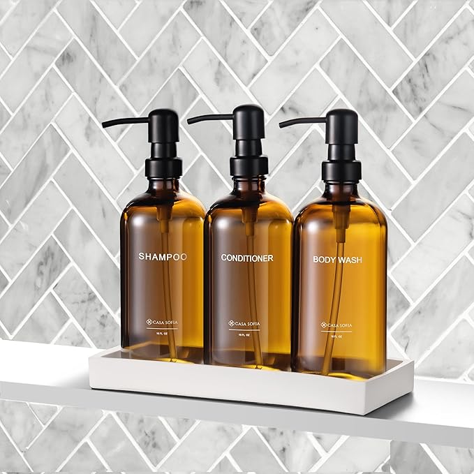 Amber Glass Shampoo and Conditioner Dispenser Set – Refillable 16 oz Pump Bottles with Concrete Tray – Luxury Bathroom Organization & Modern Shower Soap Dispensers