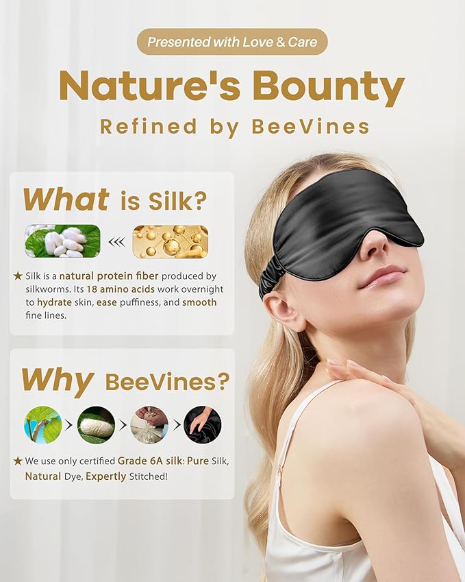 BeeVines Pure Silk 3D Contoured Sleep Mask for Women, Luxury 100% 22 Momme Mulberry Silk 3D Contoured Eye Mask for Lash Extensions, Zero Eye Pressure & Blackout(Black)