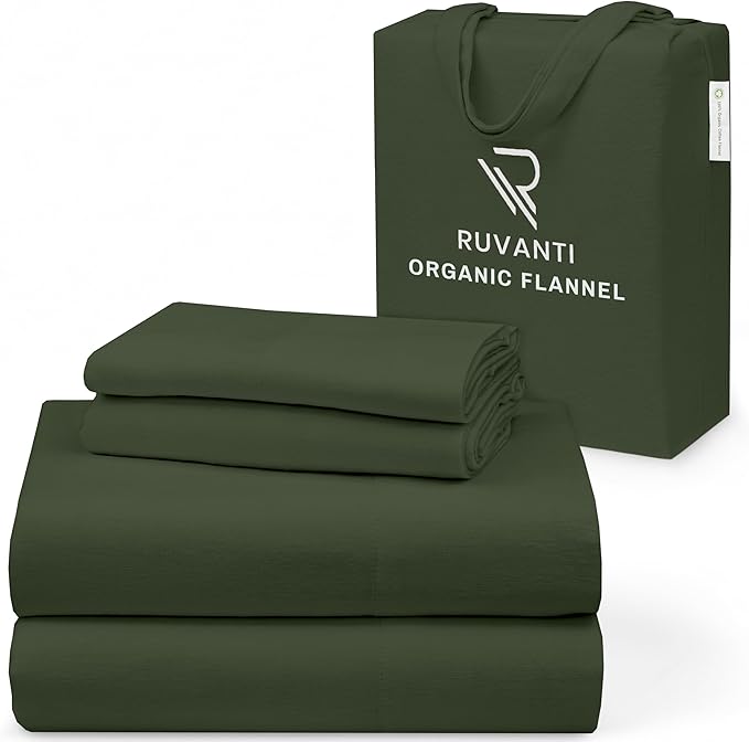 RUVANTI Flannel Sheets Queen Size - GOTS Certified 100% Organic Cotton, 4 Piece Warm, Soft & Breathable Set, Deep Pocket Snug Fit, Double Brushed Cozy All Season Bedding, Riffle Green