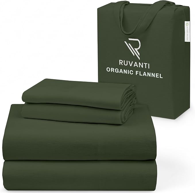 RUVANTI Flannel Sheets Full Size - GOTS Certified 100% Organic Cotton, 4 Piece Warm, Soft & Breathable Set, Deep Pocket Snug Fit, Double Brushed Cozy All Season Bedding, Riffle Green