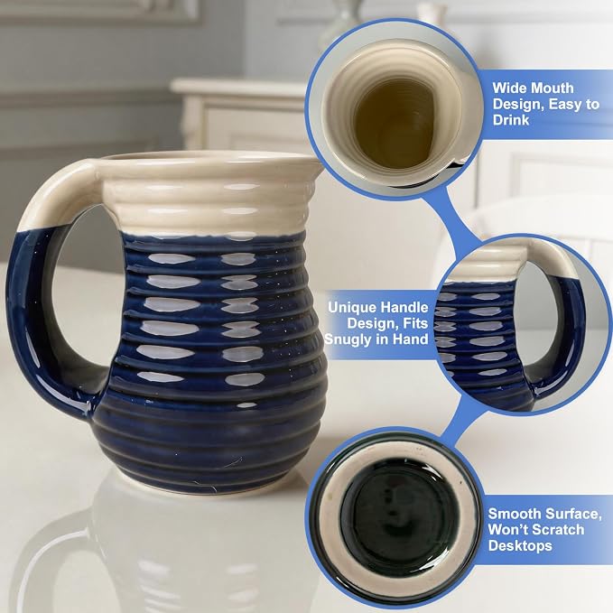 18oz Hand Warmer Ceramic Mug, Handmade Coffee Mug with Contoured Comfort Handle, Microwave Dishwasher Safe for Office Home Daily Use (Blue/White)