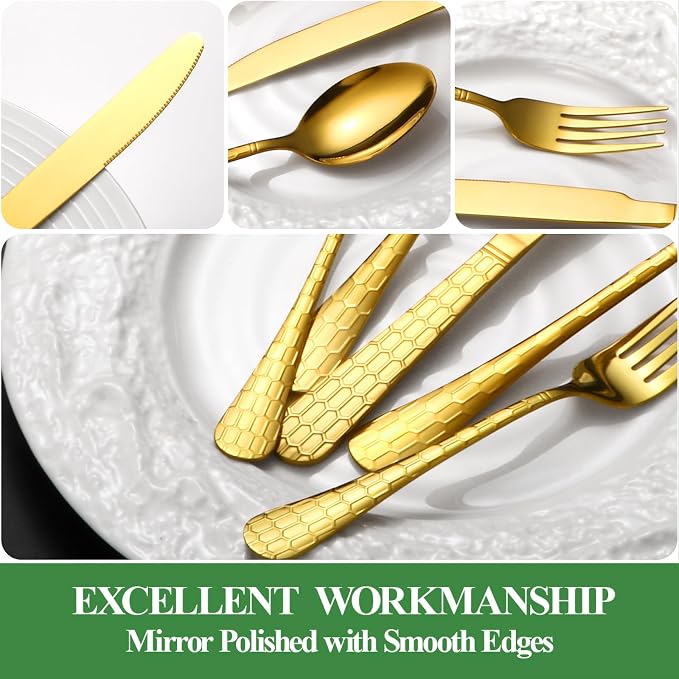20 Pcs Gold Silverware Set for 4, Food Grade Stainless Steel Flatware Set, Eating Utensils Sets Include Fork/Knife/Spoon, Reusable Cutlery Set for Home Kitchen, Dishwasher Safe, Round Hammered