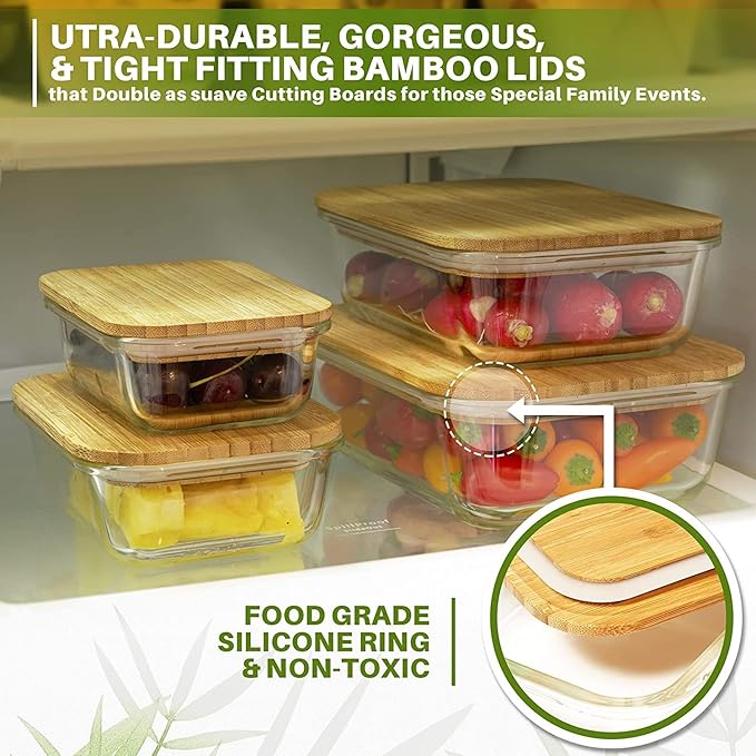 Bambooware Glass Containers with Lids | Non Plastic Glassware Set - Natural Raw Organic Wooden Bamboo Lids | Set of 4 | Reusable, BPA Free | Perfect for Meal Prep, Lunch, Leftovers, Kitchen