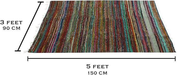 Fair Trade Handmade Rag Rug - Chindi Rug, Multi Colored Indian Mat, Recycled Decorative Boho Rug (5ftx3ft) (Green)