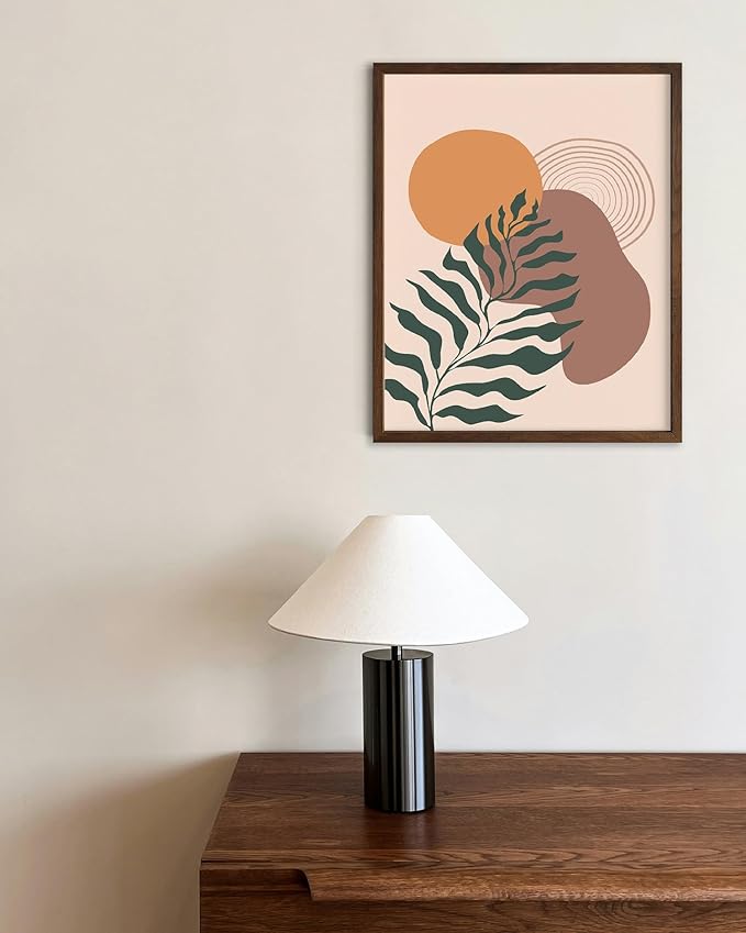 Boho Monstera Leaf Wall Art Abstract Sun Earth Tones Terracotta Mid Century Modern 8x10 Inch Oak Wood Walnut Framed Minimalist Botanical Print for Living Room Office