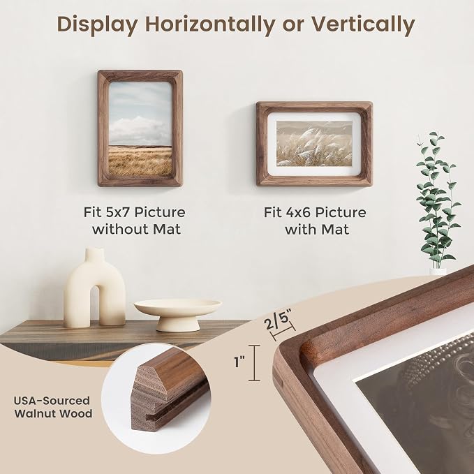 Fun Memories 5x7 Picture Frame, USA-Sourced Walnut Wood Photo Frames with HD Tempered Glass, Handcrafted Rounded Corner 5 x 7 Wooden Frames Matted to 4x6 Photos, 5x7 Frame, Tabletop or Wall Display