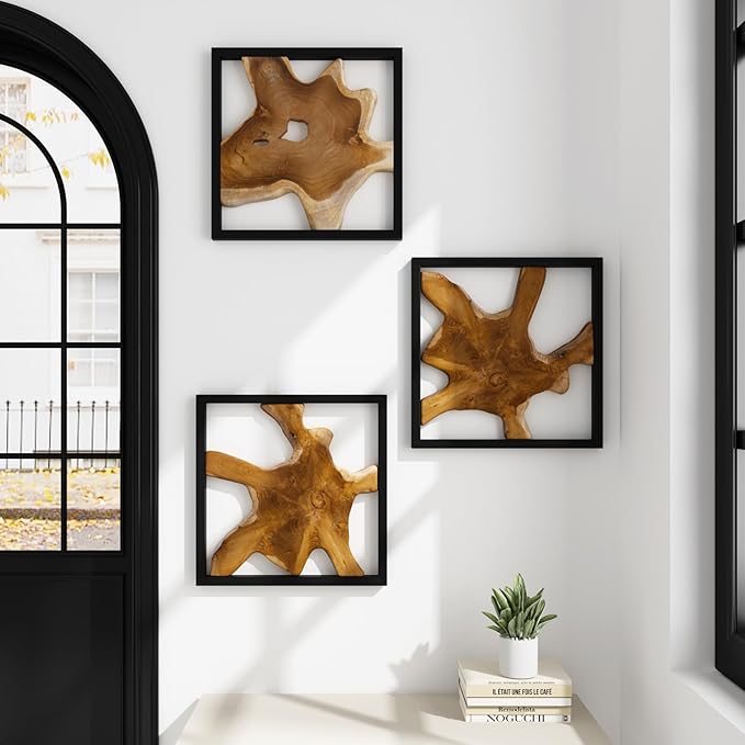 JOLLYMER 2 Pack Live Edge Teak Wood Wall Decor, Rustic Wooden Wall Art, Handcrafted Home Decoration for Living Room Bedroom Office, 17"x17" Black Frame