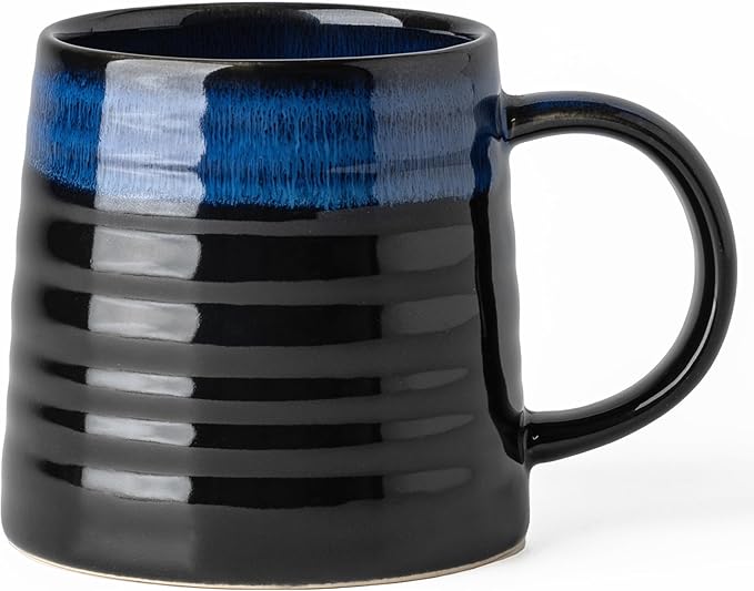 15.5 Oz Large Reactive Glaze Ceramic Mug, Heavy Weighted Stoneware Coffee Cup, Wide Base, Thick Wall Big Tea Cup with Custom Package Box, Microwave & Dishwasher Safe (Blue-Black)