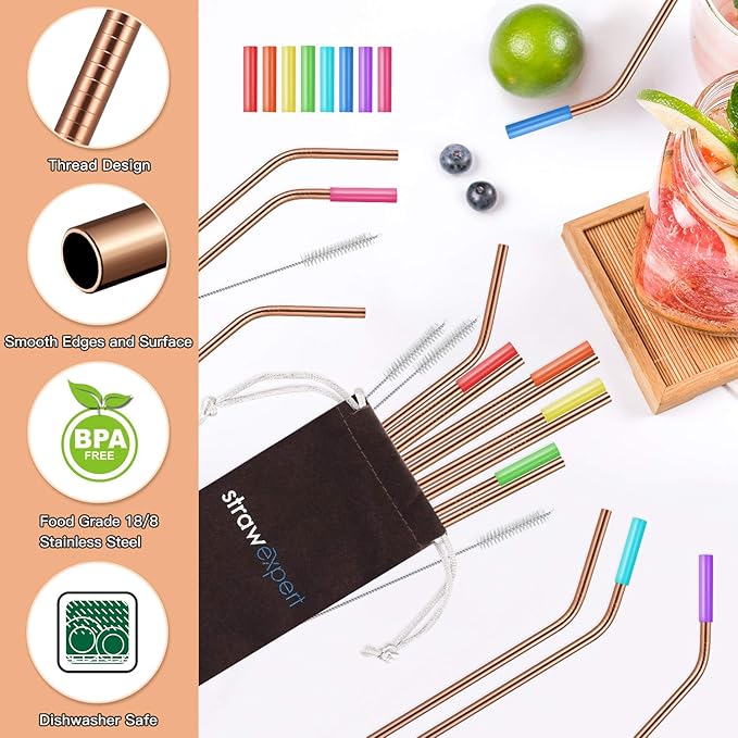 StrawExpert Set of 16 Reusable Stainless Steel Straws with Travel Case Cleaning Brush Silicone Tips Eco Friendly Extra Long Metal Straws Drinking for 20 24 30 oz Tumbler, Rose Gold