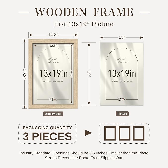 VCK 13x19 Picture Frame 3 Pack - Natural Oak Solid Wood Poster Frames, Textured Exclusive Wood Wall Gallery Frame