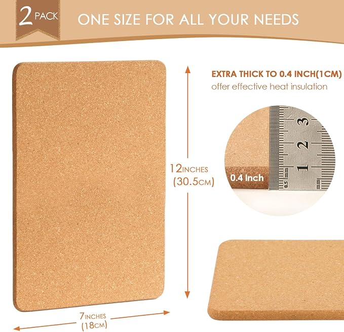 Rectangle Cork Trivets for Hot Dishes, 12" x 7" High-Density Thick Cork Hot Pads Placemats for Pots and Pans, Heat Resistant Hot Pads for Kitchen Countertop Table,2 Pcs Cork Coaster